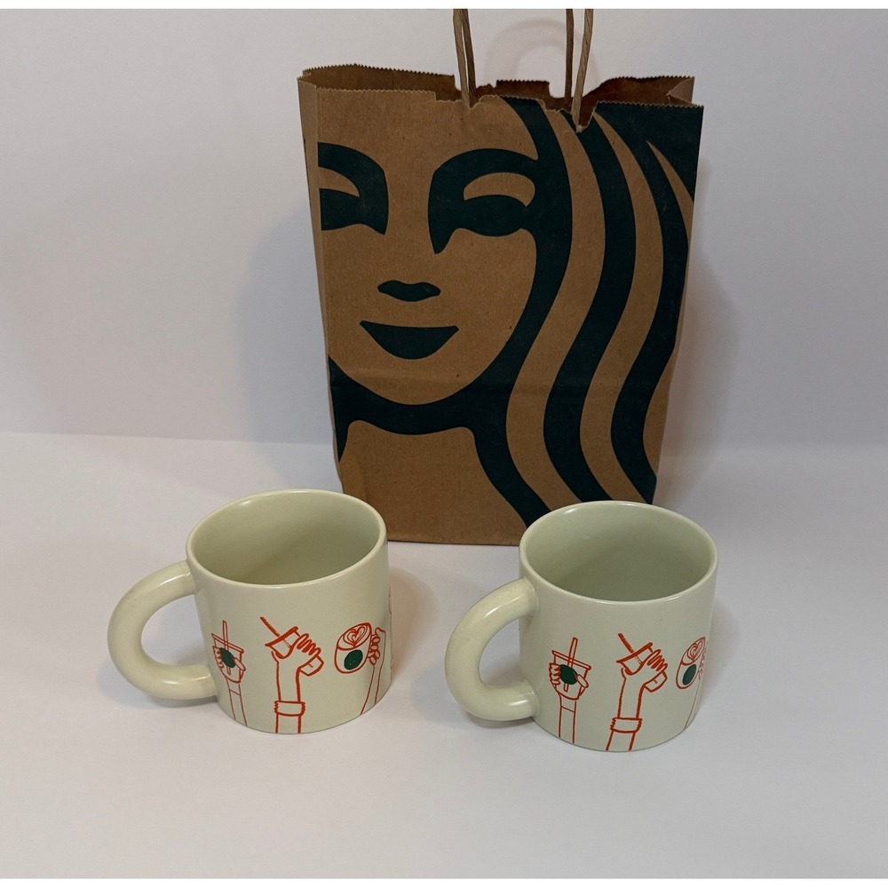 Starbucks Coffee Mugs Set of 2 12oz Cream Red Hands Line Art Ceramic 12oz NWT